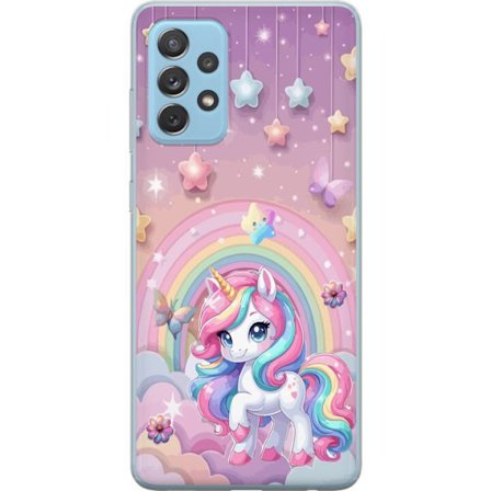 Kompatibel Mobilcover til Samsung Galaxy A52 5G Magisk enhjørning med regnbue manke, stjerner og sommerfugle mod en pastelfarvet himmel med skyer