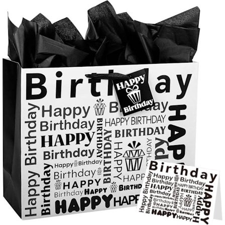 Stort fødselsdagsgavepose sæt, medium gaveposer med håndtag til voksne - Inkluderer 3 silkepapirer og lykønskningskort til mænd og kvinder B