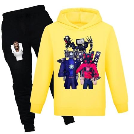 Skibidi toiletpullover til børn hættetrøje og joggingbukser 2-delt tøjsæt Jogging Sportstøj Sweatshirtsæt til drenge piger Yellow 11-12Y