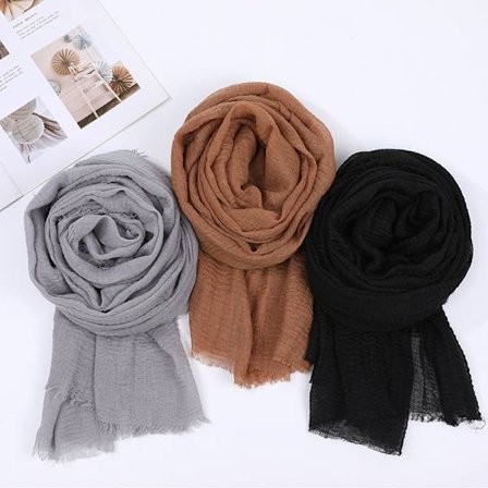 Ensfarvet bomuldssjal 3-delt sæt, nyt plisseret tørklæde og sjal til kvinder, egnet til alle årstider.