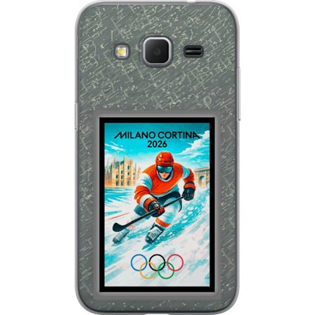Yhteensopiva Puhelinkuori Samsung Galaxy Core Prime Curlingkuvitus pelaajilla ja kivillä jäällä, Milano Cortina 2026, lumisia roiskeita ja olympiasorm