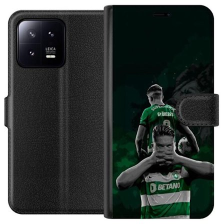 Yhteensopiva Lompakkokotelo Xiaomi 13 Neonmotiivi, jossa teksti "Gaming is in my DNA" sinisenä ja punaisena tiiliseinällä, jossa loistava DNA-spiraali