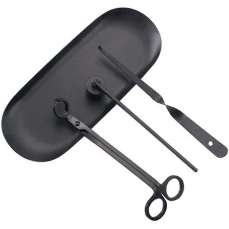 4-delars set med ljustillbehör, ljusvekesax, ljusvekesklippare, ljusvekeskopa, ljussläckare, bricka