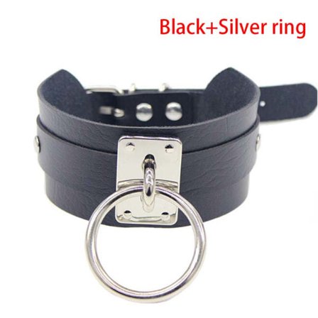 Punk Gothic Bred PU Läder O-Ring Krage Choker Halsband Kvinnor Svart+Silver Ring