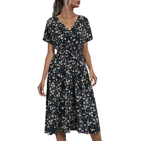 Chiffongklänning Sommar Retro Röd Gul Tryck Blommor Normal F