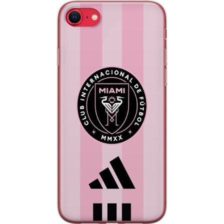 Yhteensopiva Puhelinkuori Apple iPhone SE (2022) Inter Miamin seuraemblemi vaaleanpunaisella raidallisella taustalla, jossa on Adidas-symboli