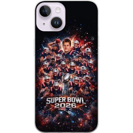 Yhteensopiva Puhelinkuori Apple iPhone 15 Plus Super Bowl 2026 juliste, jossa New England Patriots ja NFL-mestaruuspalkinto räjähtävän urheilullisessa