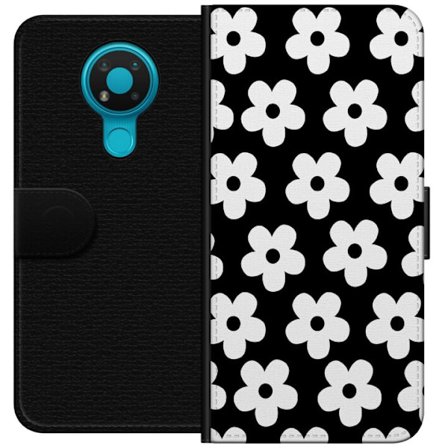 Yhteensopiva Lompakkokotelo Nokia Nokia 3.4 Mustavalkoinen kukkakuvio minimalistisessa skandinaavisessa muotoilussa, jossa voimakas kontrasti ja ajato