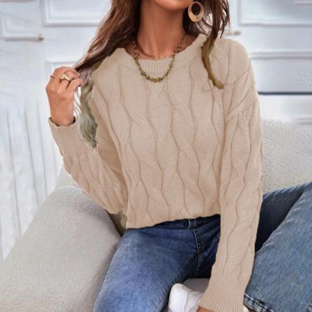 Damer Enfärgad Ribbad Fåll Pullover Crew Neck Stickad Tröja