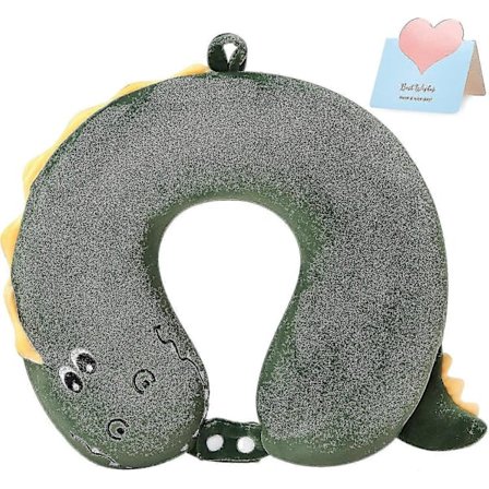 Resekudde med dinosauriemotiv för långa resor, 100% ren memory foam, justerbar nackkudde med spänne (grön)