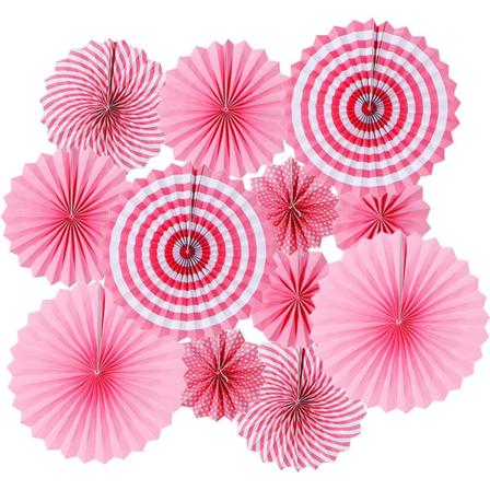 12 kpl Paper Fan -setti, Fiesta-kuvio, Paper Garland -koristeet Juhliin, Uusivuosi, Vauvakutsu (Vaaleanpunainen)
