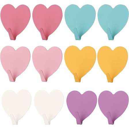 12 stk. selvklæbende kroge, rustfrit stål selvklæbende vægkroge vægkroge, farverige hjerteformede selvklæbende kroge selvklæbende vægkroge, vandtæt 