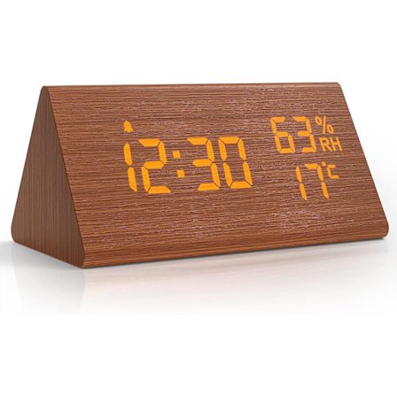 Vækkeur digitalt ur træ, bordur digitalt med dato/temperatur, til natbord, soveværelse, børneseng og kontor - sort