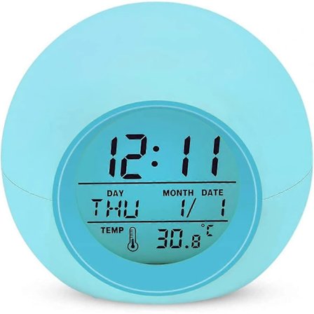 Digitalt vækkeur til børn, 7 farveskift, Snooze-funktion, 8 ringetoner, 12/24 timer, Enknapsbetjening, Visning af indendørstemperatur