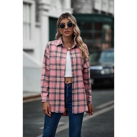 Rutete Langermet Skjorte Dame Knappelukking Ullblanding Tynn Jakke Casual Bluse Topper med Lomme Rosa