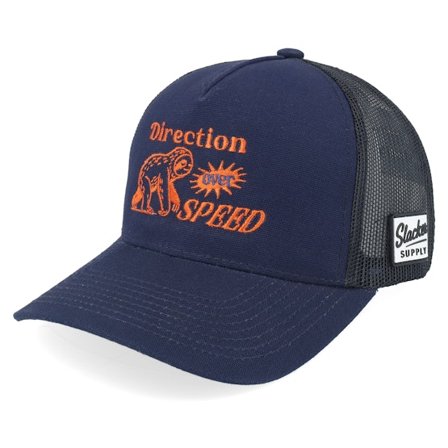 Slacker Supply - Blauw trucker Cap - Direction Over Speed Canvas Navy/Black A-frame Trucker @ Hatstore