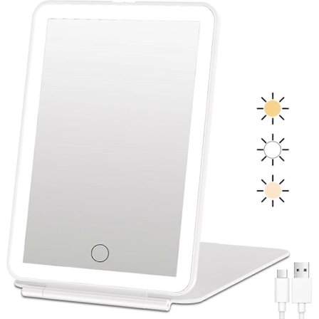 Genopladeligt Rejse Makeup Spejl med Lys, 3 Farvebelysning, Dæmpbar Touchskærm, Bordplade LED Kosmetikspejl med Lys