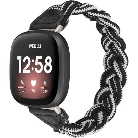 Elastiskt armband kompatibelt med Fitbit Sense /Fitbit Versa 3 /Sense 2 /Versa 4 för kvinnor, tunt, smalt, flätad rem, stretchig svart vit XS passform