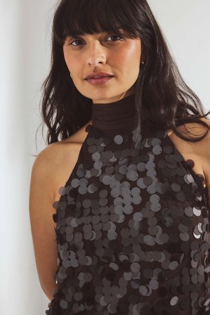 NA-KD - Topp med halterneck og paljetter - Fest-topper - Brun - XL (EU 46)