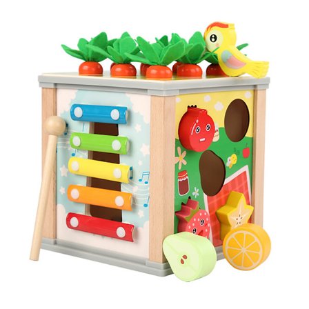 Puinen aktiviteettikuutio 6 in 1 Puinen lelu Vauvan vuoden kehitys Montessori Sensory Activity Cube Farm T