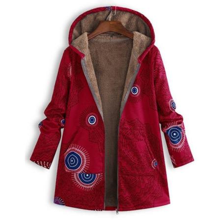 Höst och vinter bomull linnekappa dam retro printed fickor förtjockad dragkedja huva kappajacka RED1 M