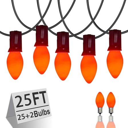 Utendørs lysslynge, C7 LED-lysslynge for utendørs bruk med 25 C7 LED keramiske oransje lyspærer, plug-in C7 Halloween-lys - svart svart svart{Fyn213}