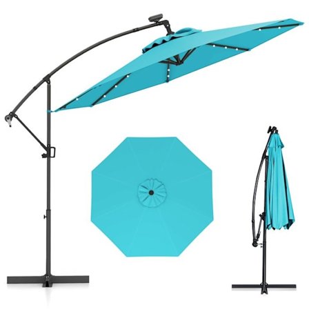 Parasol Déporté φ300 x 245cm - COSTWAY - med 32 LED - Krydsbase - Justerbar hældning - Vinsj - 360° rotation - Turkis