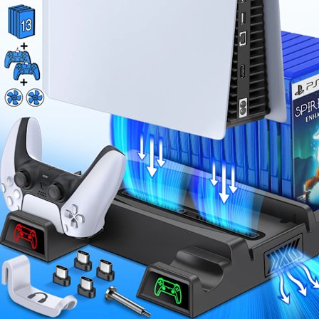 Vertikal kjøling stativ for PS5 kontroller lader med LED vifte for SONY Playstation 5 Digital / PS5 Disc Edition Console