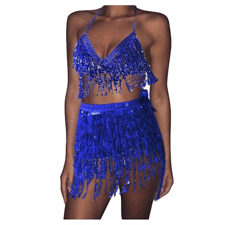 Women Sequin Belly Costume Tassel Wrap Mini Skirt Club +vest Set