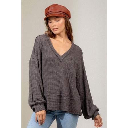 Kvinnor Stickad Höst Vinter Tröja Topp V-ringad Långärmad våffelstickad bottentröja Dark gray S