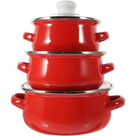 3 stk. emaljesæt Emaljekasserolle Kasserolle Kasserolle Binaural suppefond Kasserolle med låg til hjemmerestaurant (rød)