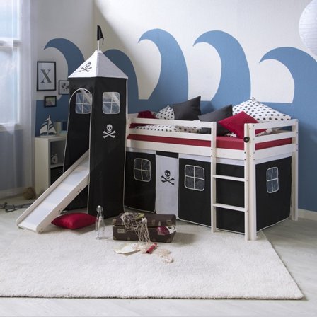 Homestyle4u Loftsäng Med Gardin - Rutschkana - Torn - Svart Pirat - Litenleker