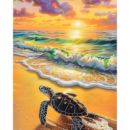 Havssköldpadda Diamantkonst-kit för Vuxna, Strand Solnedgång Diamantmålningskit för Barn och Nybörjare, 5D Rund Full Borr Hantverk, Hem Väggdekor 