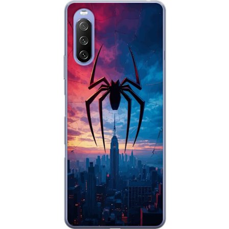 Yhteensopiva Puhelinkuori Sony Sony Xperia 10 III Tyylikäs hämähäkki kaupungin horisontin yläpuolella dramaattisessa auringonlaskussa, graafinen