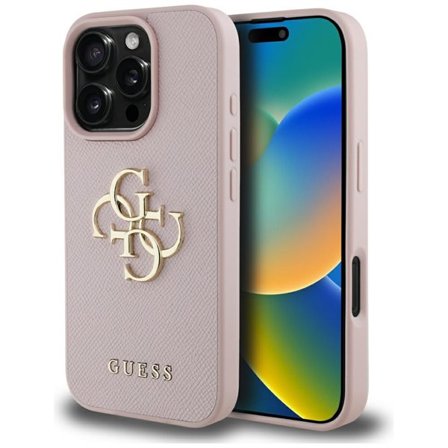 Guess Grained Big 4G Logo Small Classic Logo Case til iPhone 16 Pro - Pink