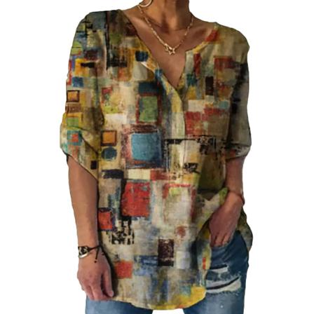Kvinnor Cool Dry Kvinnor Button Multicolor Print 3 4 Ärmar V-hals