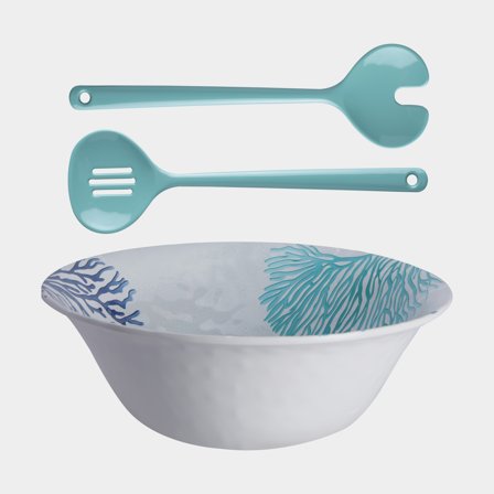 Ensaladera y cubiertos de ensalada de melamina Marine Business Harmony Mare, blanco/turquesa, 25 cm
