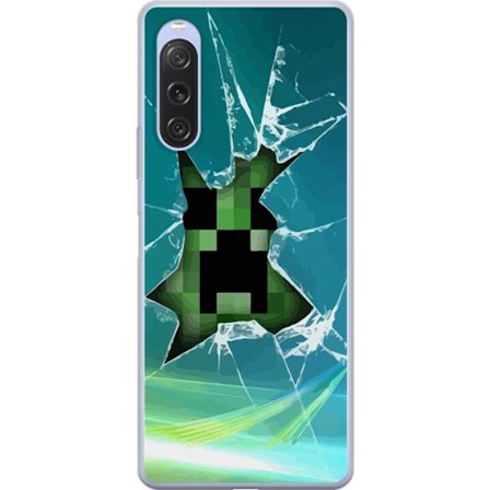 Kompatibelt Mobilskal till Sony Sony Xperia 10 V Minecraft Creeper genom krossat glas med dramatisk explosionseffekt där ikoniska Creeper bryter igen