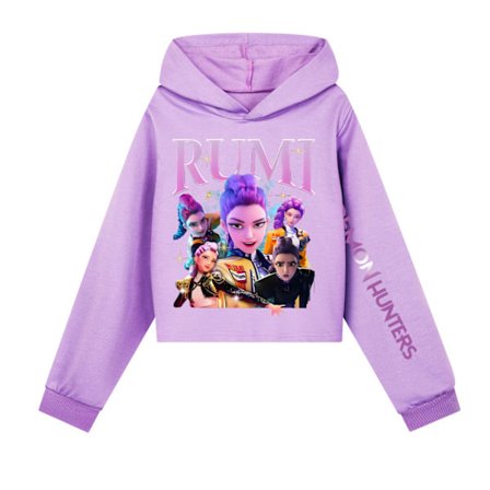 Kpop Demon Hunter Girls Cropped Hættetrøje med Printede Ærmer Lilla[JUN]