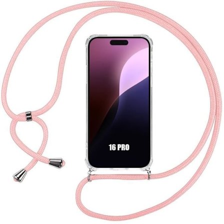 Etui til iPhone 16 Pro, forstærket stødsikker TPU med Pink Cord Halskæde