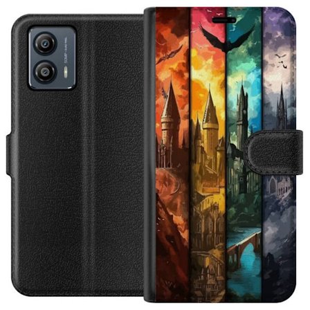 Kompatibel Tegnebogsetui til Motorola Motorola Moto G53 Fire magiske slotte i forskellige elementfarver, episk fantasykunst med ild vand luft og mørk