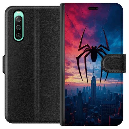 Yhteensopiva Lompakkokotelo Sony Sony Xperia 10 IV Tyylikäs hämähäkki kaupungin horisontin yläpuolella dramaattisessa auringonlaskussa, graafinen