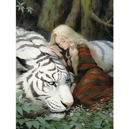 Fantasy Girl & Tiger Diamantmålningskit - Rund Drill 5D DIY Heminredningskonst