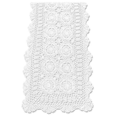 Håndlaget heklet blondebordløper i bomull, hvit rektangulær kommode dekor (LGL)