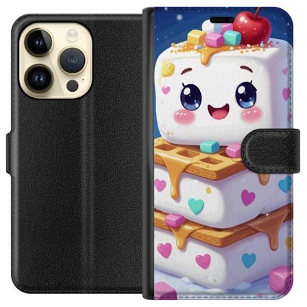 Apple iPhone 15 Pro Tegnebogsetui Sød marshmallowfigur med hjerter, vafler, sirup og farverige stykker skaber et legende dessertmotiv i en glad og li