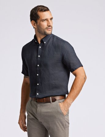 Lindbergh Black Soft Linen Shirt S/S - Modern Fit - Black - XL