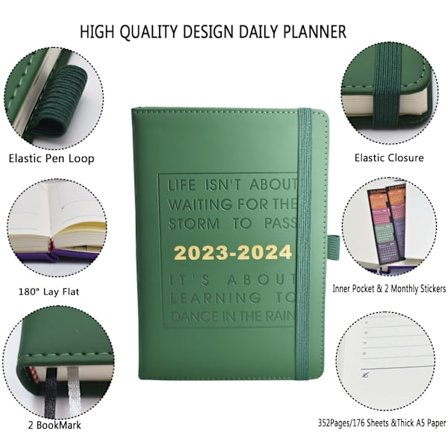 Akademisk dagbok 2023-2024, en side per dag, Dagbok juli 2023 til juni 2024, A5 ukevisning dagbok med tid, penneholder, innerlomme, strikk