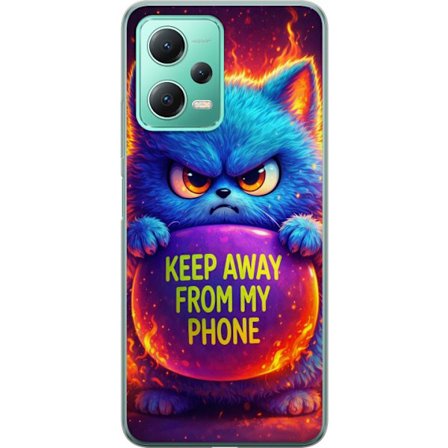 Kompatibelt Mobildeksel til Xiaomi Xiaomi Redmi Note 12 Sinna lodne blå katt med teksten "Hold deg unna telefonen min" i neonfarger og ildlignende ef