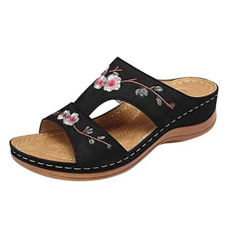 Ortopediska sandaler för kvinnor Broderade blommor Flip Flops Skor Våren bekväma tofflor Black