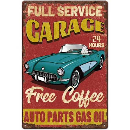 Retro Full Service Garage Plåtskylt, Vintage Metallskylt för Garage Skyltar, Metall 24-7 Bilstjänst, Reparationer & Drycker, Gratis Kaffe